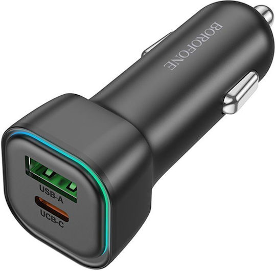 Borofone Auto-Ladegerät 30W 3A Schnellladung mit Anschlüssen: 1xUSB 1xType-C Schwarz Farbe