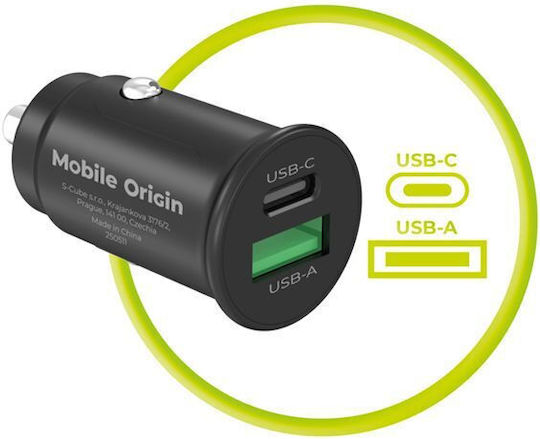 Mobile Origin Φορτιστής Αυτοκινήτου 15W 3A Γρήγορης Φόρτισης με Θύρες: 1xUSB 1xType-C Μαύρο Χρώμα