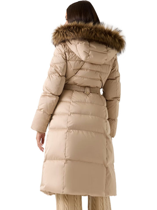 Women's Long Puffer Jacket for Winter with Hood Beige