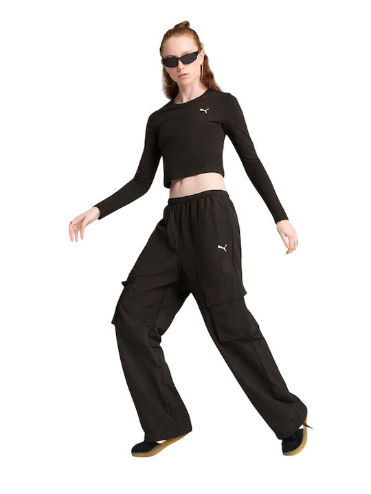 Bluza Damă Crop Top Bumbac Mânecă Lungă Neagră