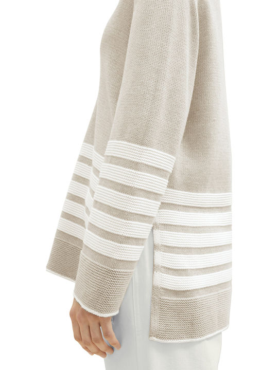 Women's Long Sleeve Sweater Cotton with V Neckline Striped Beige