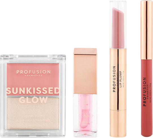 Set Machiaj Față Buze Luciu de Buze Duo Blush Highlighter Paletă Ulei de Buze Creion Pink Glow Profusion 4 Bucăți