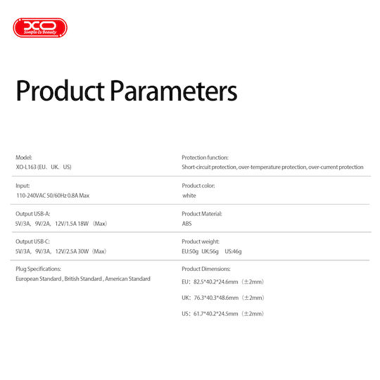 XO Încărcător Fără Cablu cu Port USB-A și Port USB-C 30W Power Delivery Alb (L163)