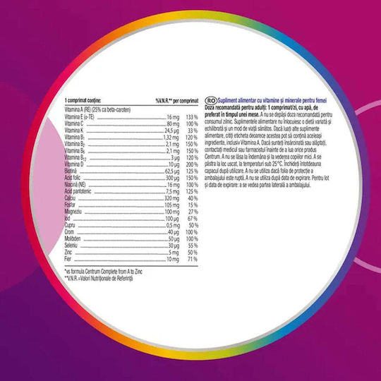 Centrum Women Vitamina pentru Întărirea Sistemului Imunitar, Pielea & Acțiune Antioxidantă potrivit pentru adulți 50+ 30 Tablete