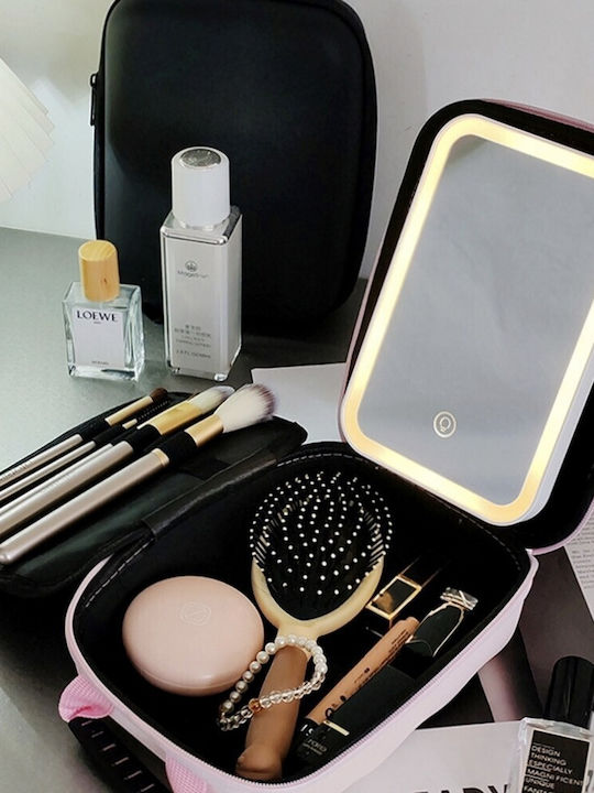 Husă Cosmetice de Călătorie cu Oglindă Led Touch Roz