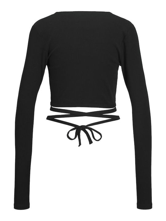 Women's Crop Top Cotton Long Sleeve with V Neckline Black