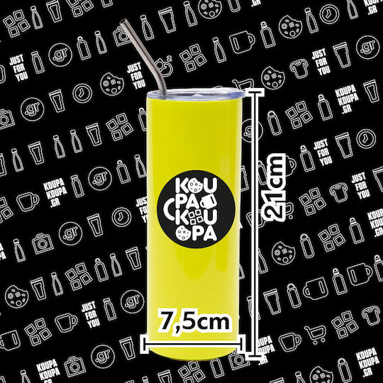 Smile Avatar Distorted Neon Yellow Travel Thermos with Metal Straw Stainless Steel 304 Food Grade