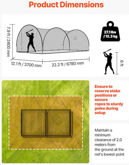 Baseball Cage Vevor 6780 x 3700 x 2400mm Free Standing Portable Baseball Cage Batting Cages 4-Layer Polyester Knotless Pitching Machine Opening Batting Cage Net Indoor Outdoor Use