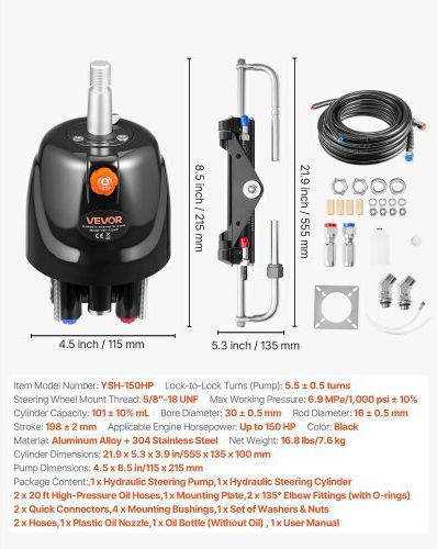 Vevor Hydraulic Steering Set 150 Hp Hydraulic Steering System for Marine Boat Steering Pump 6.9 Mpa 1000 Psi Double Lock Cylinder 6 M High Strength Hoses Use Single Station Single Engine