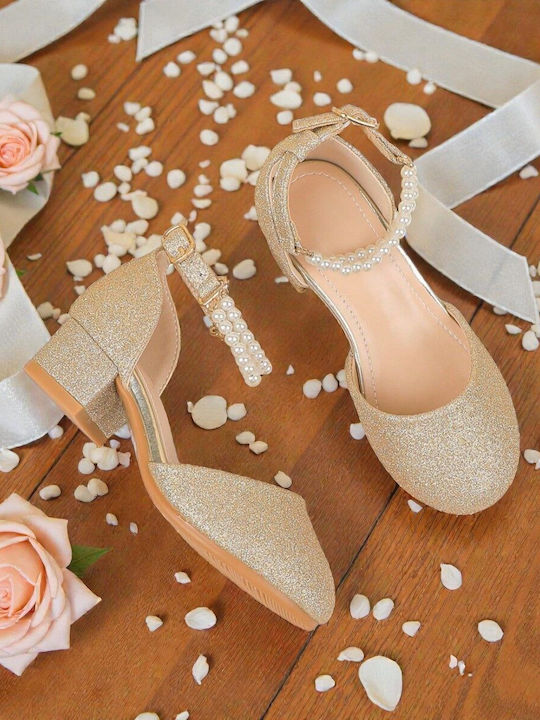 Kids Leather Ballerinas with Adjustable Metal Clasp Gold