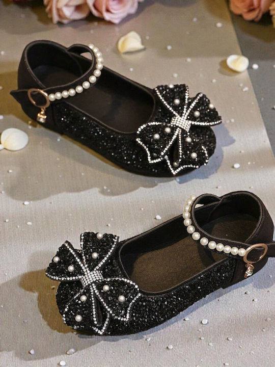 Kids Leather Ballerinas with Adjustable Metal Clasp Black
