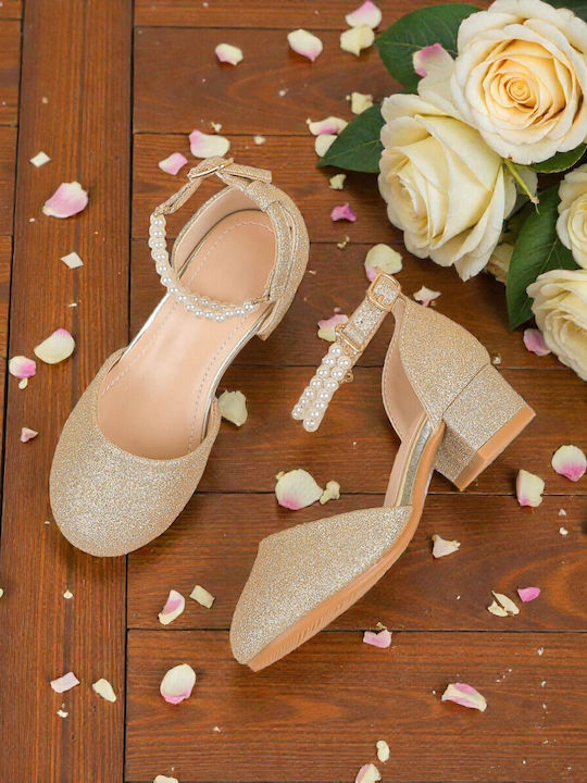 Kids Leather Ballerinas with Adjustable Metal Clasp Gold
