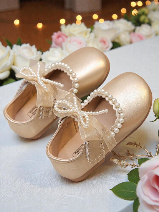 Kids Leather Ballerinas with Hoop & Loop Closure Gold