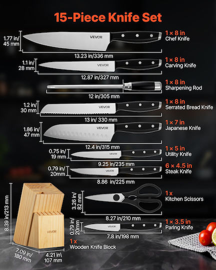 Vevor Set Knives with Base Made of Stainless Steel 15 Pieces