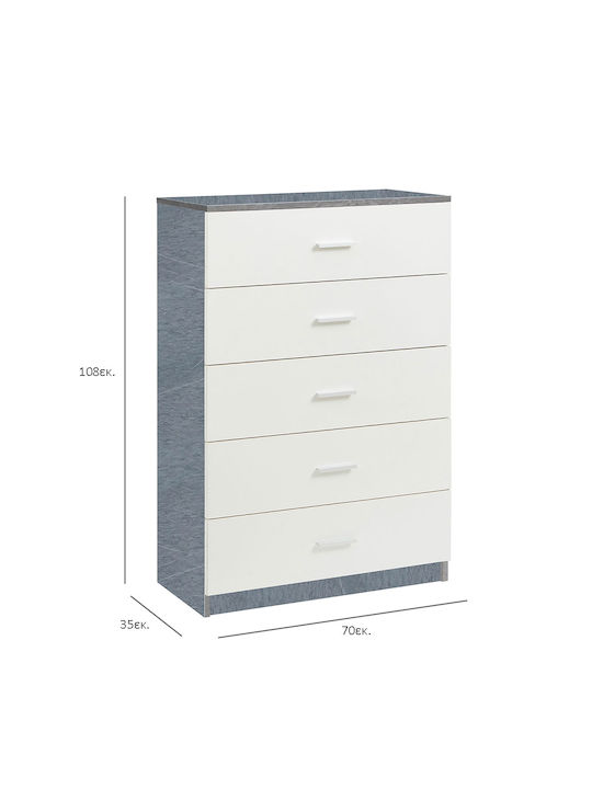 Comoda pentru Dormitor Dama cu 5 sertare White/cement 70x35x108buc