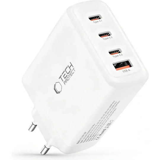 Tech-Protect Φορτιστής Χωρίς Καλώδιο GaN με Θύρα USB-A και 3 Θύρες USB-C 120W Power Delivery / Quick Charge 3.0 Λευκός (NC120W-GAN)