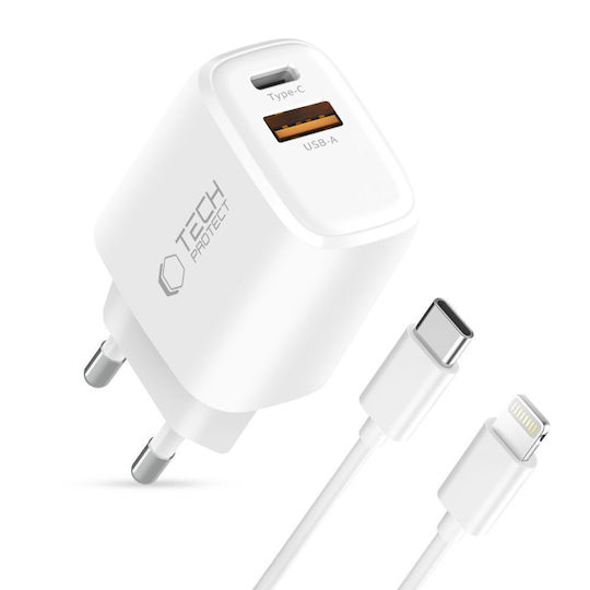 Tech-Protect Ladegerät GaN mit USB-A Anschluss und USB-C Anschluss und Kabel USB-C - Lightning 45W Stromlieferung / Schnellaufladung 3.0 Weißs (NCA45W)