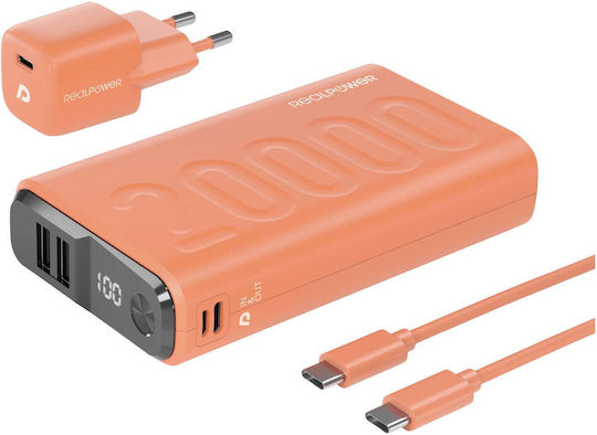 RealPower PB-20000PD+ Външна батерия 20000mAh с 2 USB-A порта и USB-C порт с технология Power Delivery в оранжев цвят