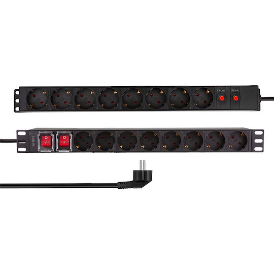 LogiLink Pdu 1u 19 Inch Rack 16 Prize Schuko Intrare Schuko Max 16 A Aranjate 8 Schuko Față + 8 Schuko Spate On Off X 2 Protecție Suprasarcină 2 M Negru "pdu1601" 2 Lei Ștampilă Verde