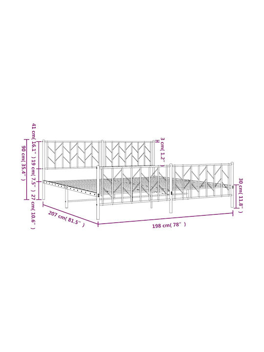 Bed King Size Metal Black with Slats for Mattress 193x203cm