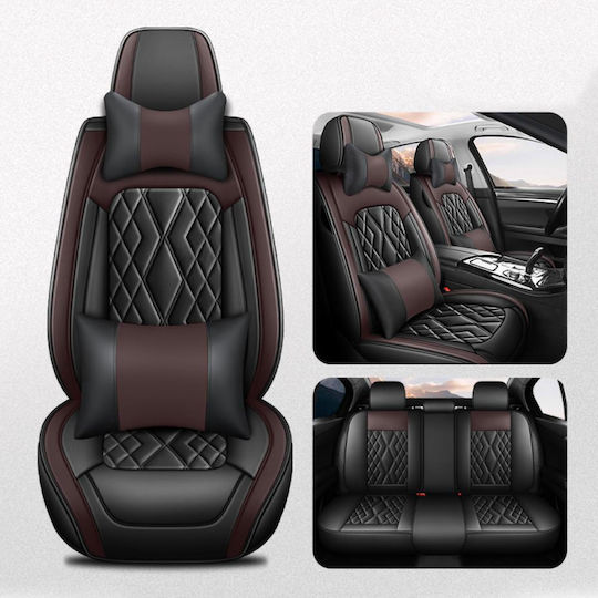 Set De Huse Scaune Auto Universal Ediție De Lux Material Eco-piele Scaune Față Spate Tetieră Volan Pernă Lombară Pernă Cap Culoare Negru Maro 16 Piese