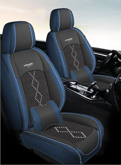Huse Scaune Auto Premium 5 Locuri Carguard Deluxe Perforate Eco Piele Textil Negru Albastru Închis