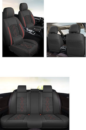Huse Scaune Auto Premium 5 Locuri Carguard Deluxe Din Piele Ecologică Perforată Textil Negru Roșu Închis