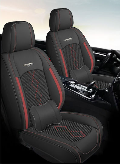 Huse Scaune Auto Premium 5 Locuri Carguard Deluxe Din Piele Ecologică Perforată Textil Negru Roșu Închis