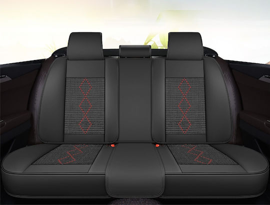 Huse Scaune Auto Premium 5 Locuri Carguard Deluxe Din Piele Ecologică Perforată Textil Negru Roșu Închis