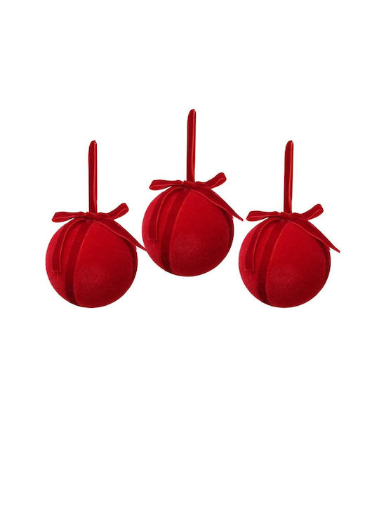 Set Of 3 Red Velvet Christmas Ball Ornaments Bow 8x8cm