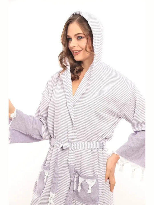 Дамски Халат с Качулка Лилав 100% Памучен Хамам L XL