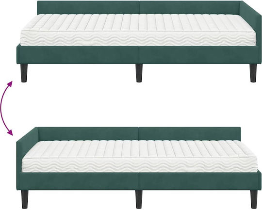 Single Upholstered Bed with Velvet Green with Slats & Mattress 94x200cm