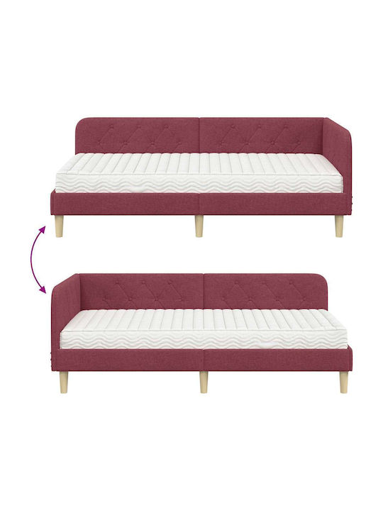 Canapea Pat Single Tapitat cu Material Roșu cu Plăci pentru Saltea 90x200cm