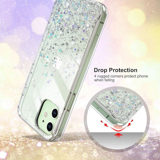 Jup Калъф 7402339 8865-23 iPhone 12/12 Pro Блестящи Сребърни Звезди Прозрачен TPU + PC 6.1"