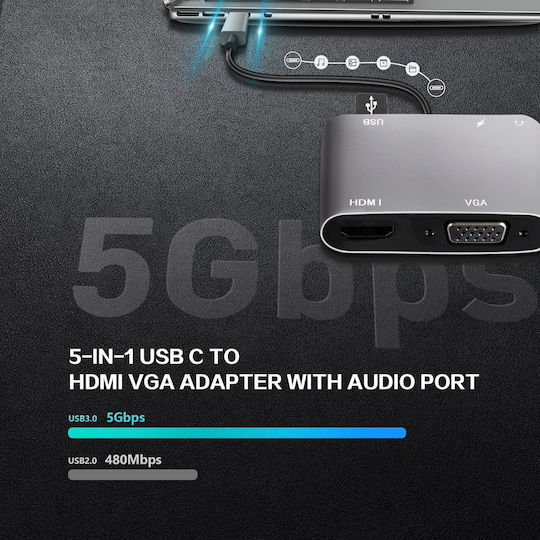 VCOM USB-C Docking Station με HDMI 4K PD Γκρι (CU4511)