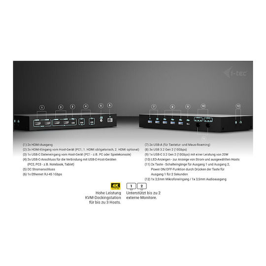 i-tec KVM Dock PRO 3 Dock / USB-C Docking Station με 4K PD Ethernet Μαύρο