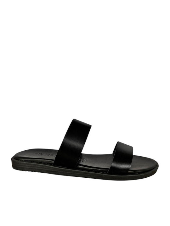 Leather Women's Flat Sandals in Black Color