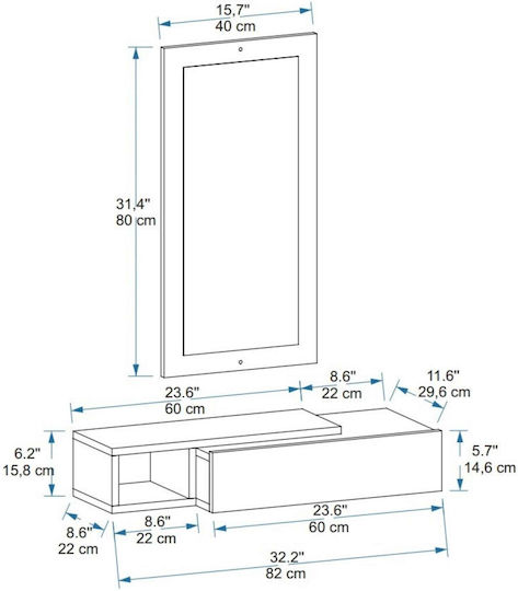 Consolă Modernă Bicoloră MDF cu Oglindă Antracit Alb 82x29.6x15.8cm