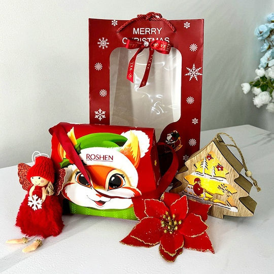 Pachet De Crăciun Geantă Cutie Dulciuri Roshen Figurină Luminoasă Din Lemn În Formă De Brad De Crăciun Înger De Plus Floare Decorativă În Cutie Cadou Roșie