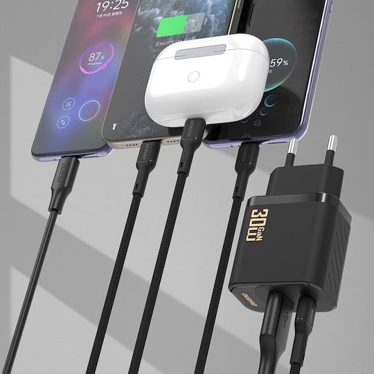 Dudao Φορτιστής GaN με Θύρα USB-A και Θύρα USB-C και Καλώδιο USB-C - USB-C 30W Power Delivery Μαύρος (A27TCEU)