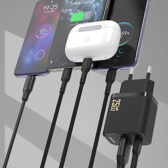 Dudao GaN с USB-A порт и USB-C порт и кабел USB-C - USB-C 25W Power Delivery Черен (A26TCEU)