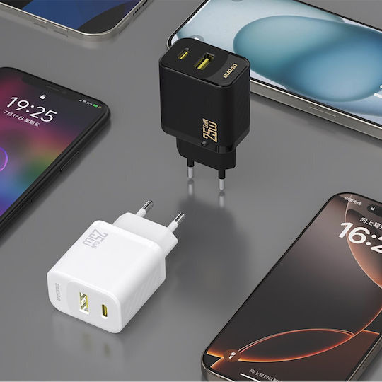 Dudao GaN с USB-A порт и USB-C порт и кабел USB-C - USB-C 25W Power Delivery Черен (A26TCEU)