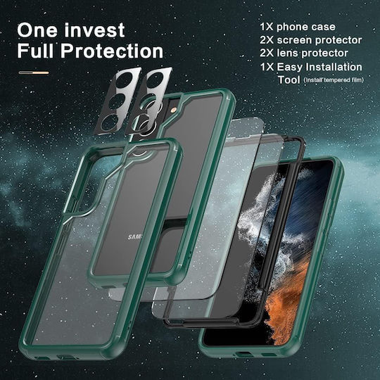 Jup 7828321 8865-31 Калъф + Протектори Комплект Samsung Galaxy S22 Plus 360 Градусова Защита 6 В 1 TPU Тъмнозелен