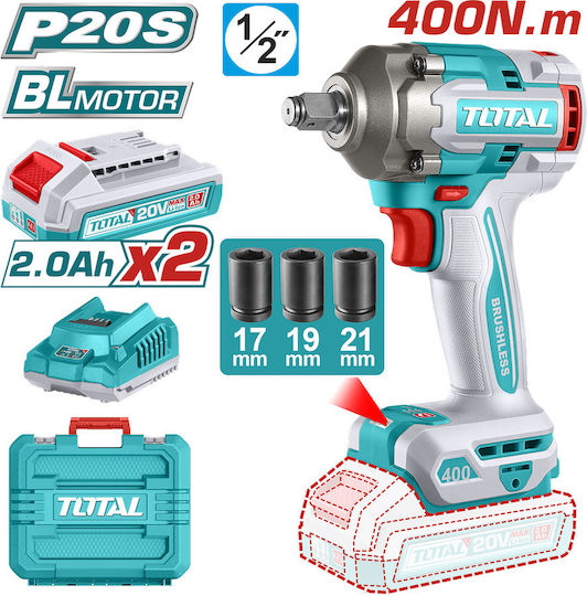 Total Brushless Impact Wrench Battery 20V 2x2Ah with Socket 1/2"