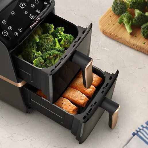 Philips Heißluftfritteuse mit Doppel-Abnehmbarer Korb 10Es Schwarz NA462/70