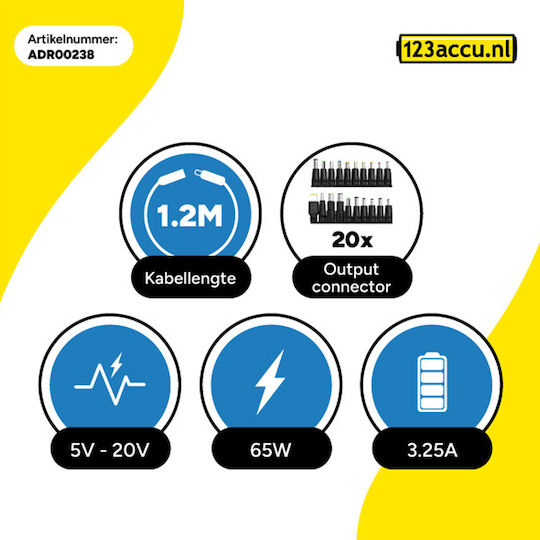 WS Xtreme Power Universal Φορτιστής Laptop 65W 4A χωρίς Καλώδιο Τροφοδοσίας