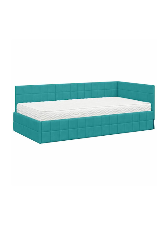 Single Bed Upholstered with Velvet Turquoise Velvet with Slats and Mattress 100x200cm