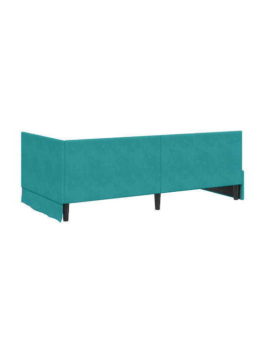 Single Bed Upholstered with Velvet Turquoise Velvet with Slats and Mattress 100x200cm