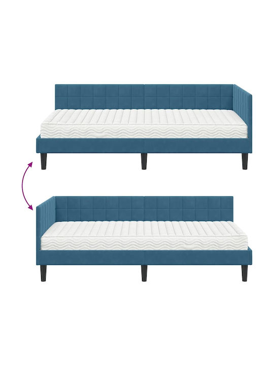 Single Bed Upholstered with Velvet Blue Velvet with Slats and Mattress 90x190cm
