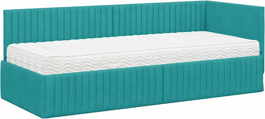 Single Bed Upholstered with Velvet Turquoise Velvet with Slats and Mattress 80x200cm